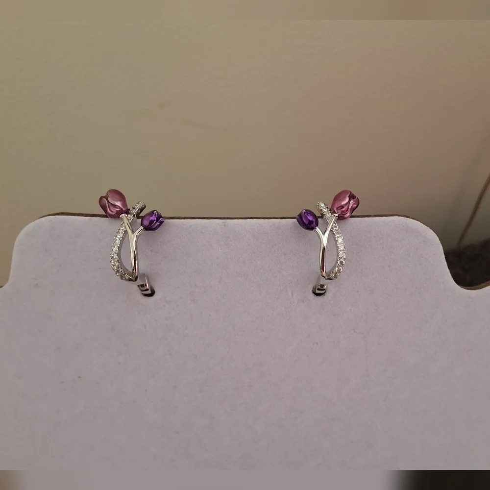 💥SALE💥NEW Tulip Rhinestone 925 Silver Earrings - Picture 4 of 5